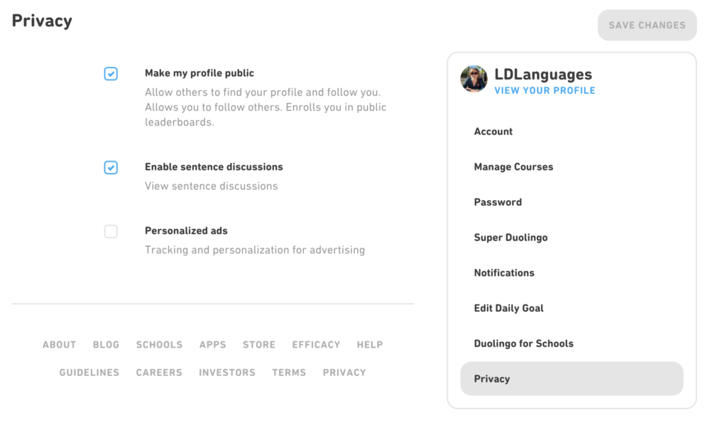Screenshot of the Duolingo privacy settings