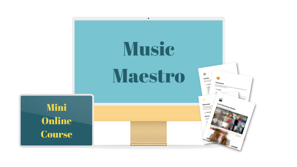 Computer screen with text 'Music Maestro by Lindsay Does Languages' and images of the Notion Resource Guide